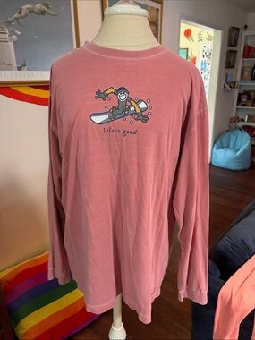 Life Is Good Rose Pink Long Sleeve Tee with Snowboarder Graphic